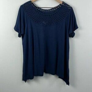 Maurices Macrame Neck Navy Blue Boho Short Sleeve Top Womens Size M NWT